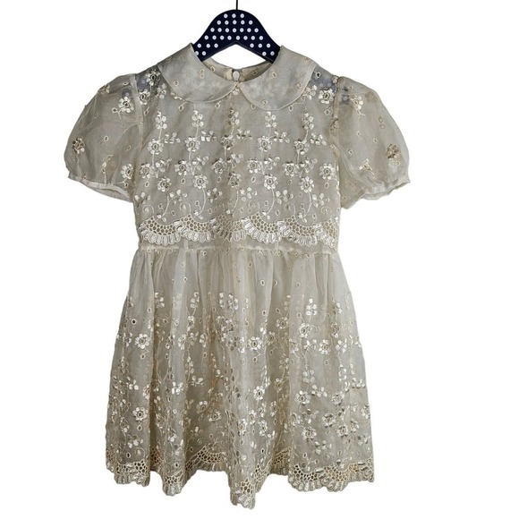 Vintage‎ Girls Sheer Embroidered Eyelet Dress Short Sleeve Off White 4 5 6 - Picture 1 of 9